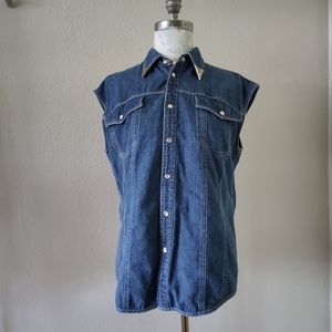 Western DKNY Sleeveless Denim Shirt Vest Pearl Snap Buttons